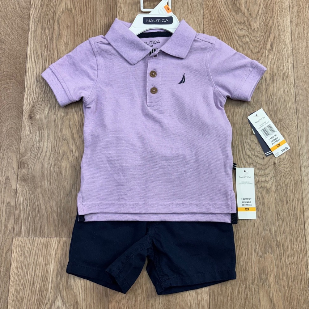 Nautica Baby Boy 2 Piece Polo and Shorts Set Lavender Navy 12M NSSii30C-999